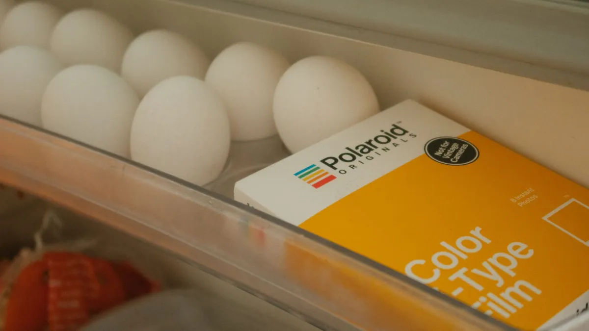 Caixa com ovos frescos dispostos de forma organizada dentro de uma geladeira