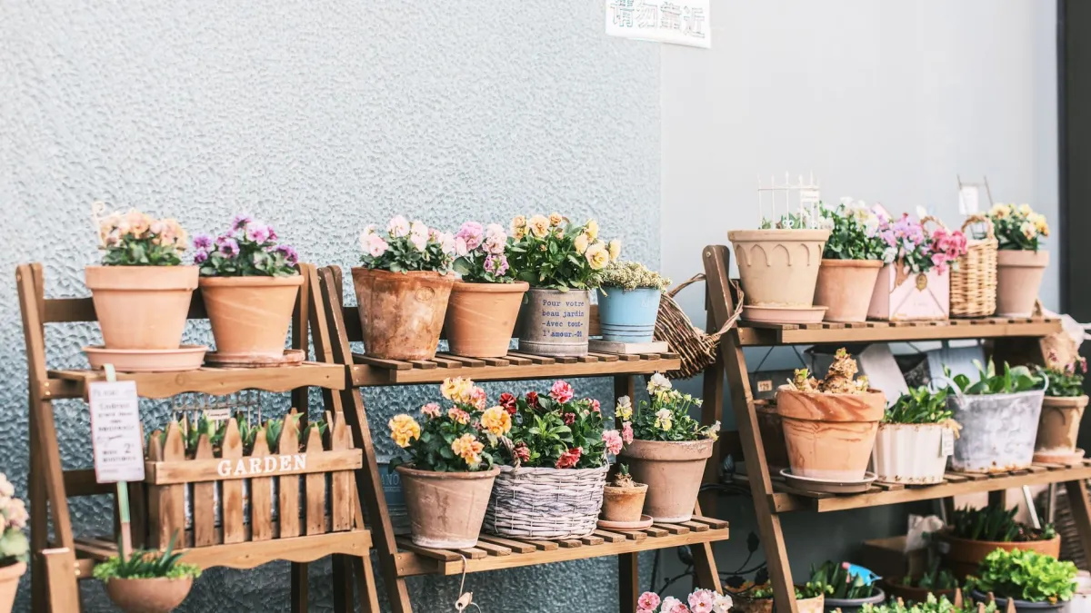 Diversos vasos de flores coloridas dispostos harmoniosamente em uma pequena varanda, otimizando o espaço.