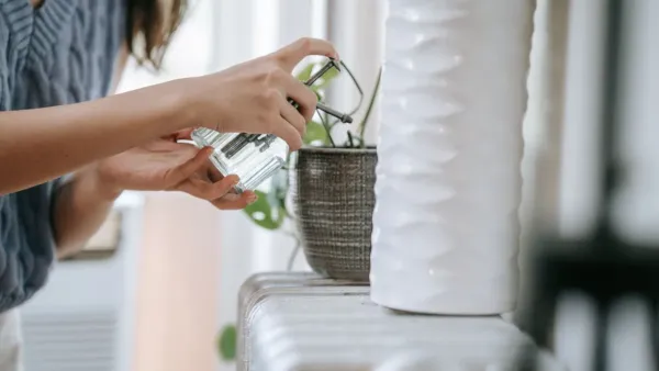 Mulher regando planta em vaso com adubo líquido