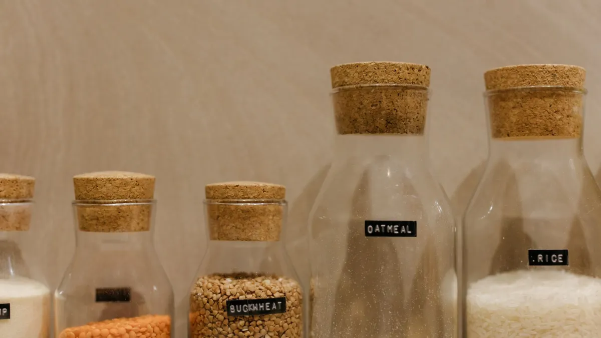 Pote de vidro com tampa de bambu, mostrando detalhes da vedação