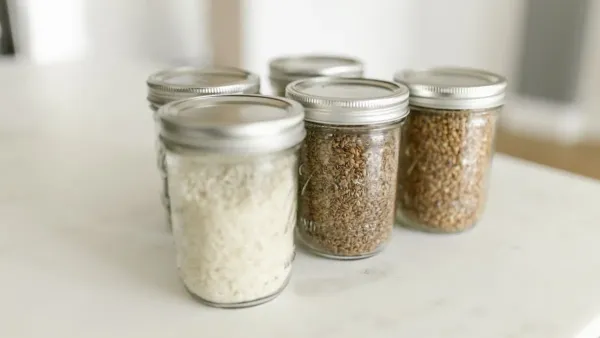 Pote hermético com arroz cru guardado em prateleira de cozinha
